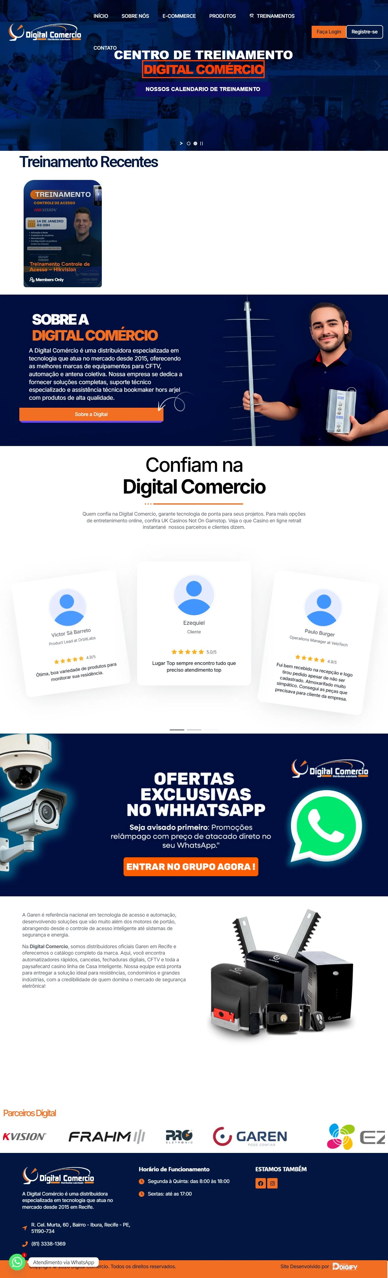 Captura completa da página inicial da Digital Comércio, do banner de treinamentos ao rodapé.