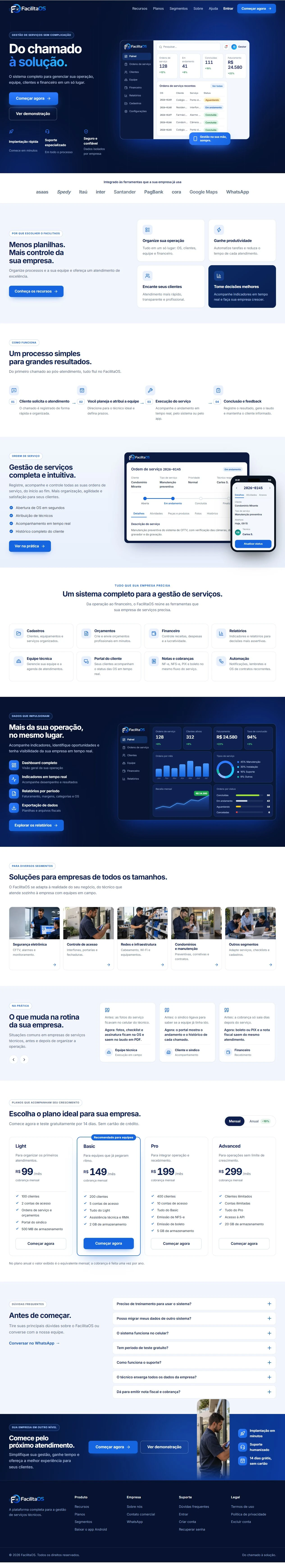 Captura completa do site FacilitaOS, com apresentação da plataforma e do aplicativo, recursos, planos e dúvidas frequentes.