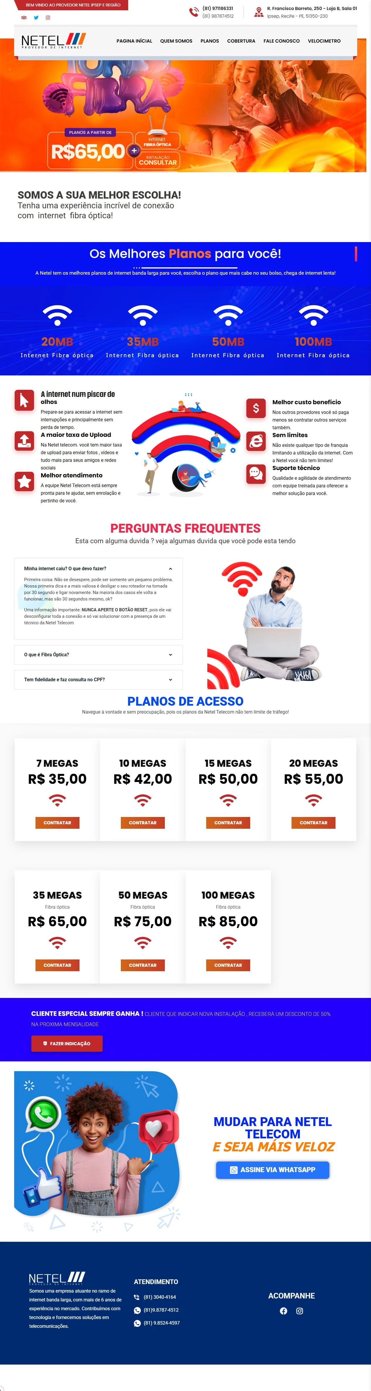 Captura completa da página inicial da Netel Telecom, com planos, diferenciais, dúvidas e contatos.