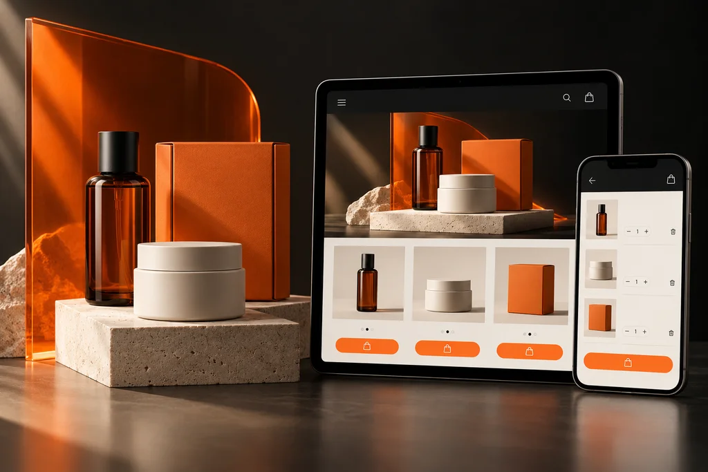 Composição de produtos e embalagens ao lado de uma loja virtual em tablet e celular.