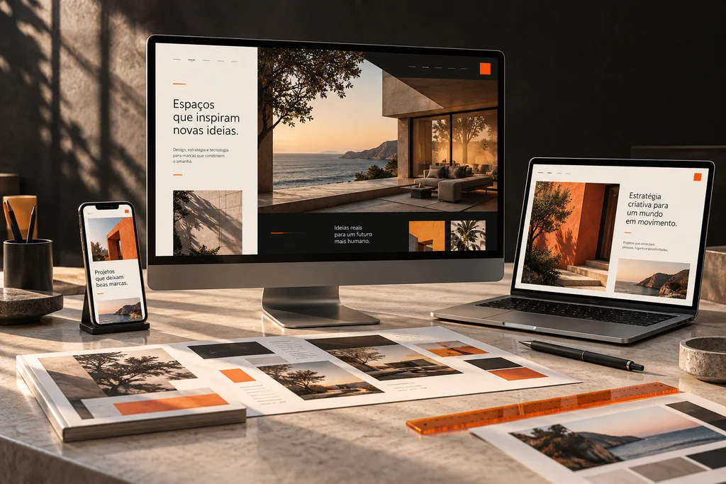 Composição de um site em computador, notebook e celular, com estudos de layout sobre a mesa.